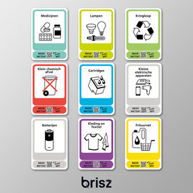Afval sticker Brisz set van 9 stickers - Batterijen | Cartridges | Lampen | Medicijnen | Frituurvet | Textiel | KCA | Kleine elektrische apparaten | Kringloop